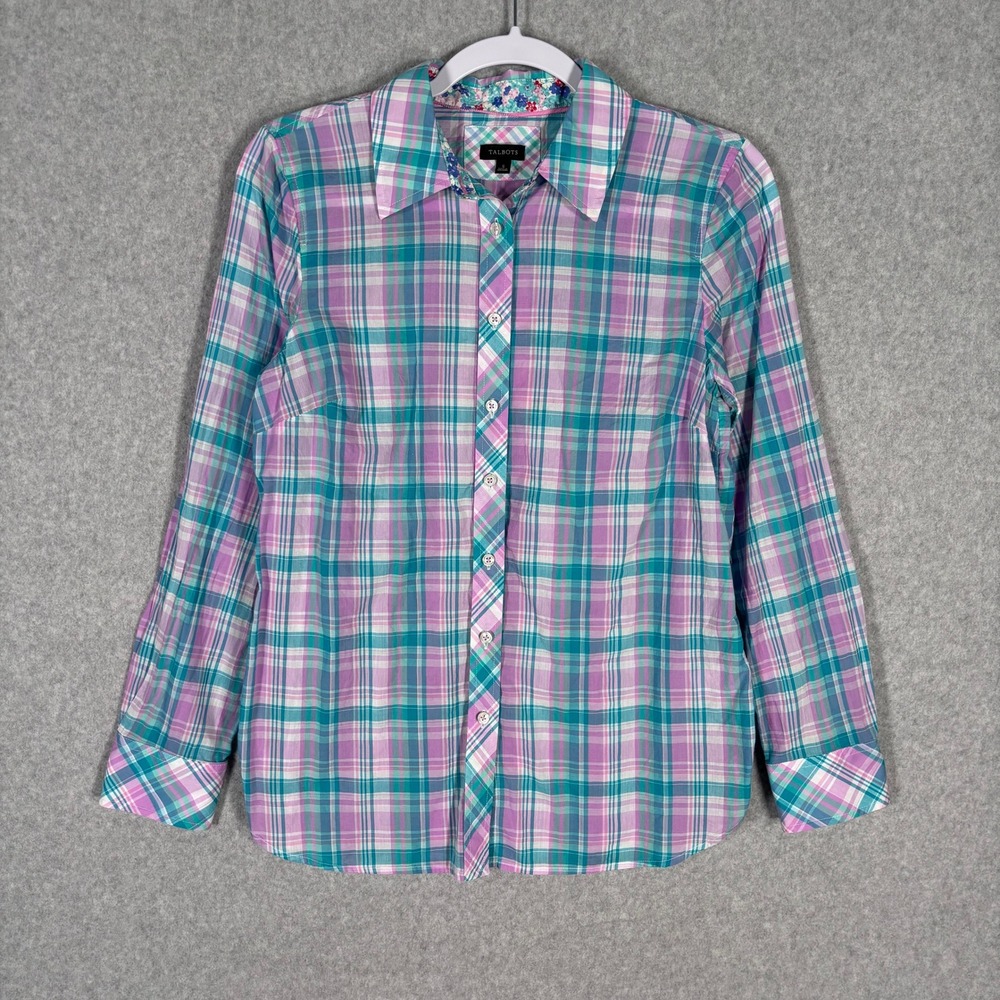 Talbots Madras Plaid Shirt Small Aqua Teal Purple Thin Cotton Pastel Grandma